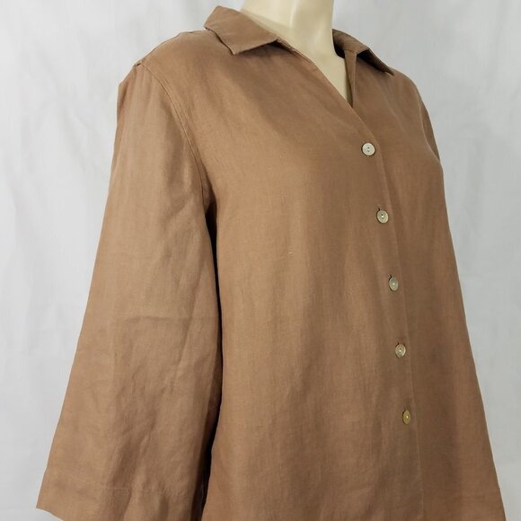 Orvis tan light brown 100% Linen button front shirt blouse ladies Large 14-16 - Picture 4 of 10